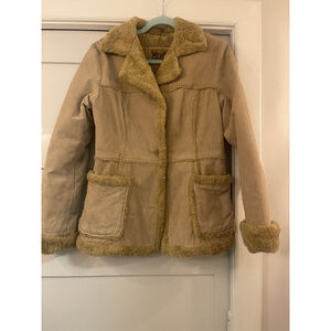 Vintage Mudd Jeans Jacket M Womens Y2K Genuine Leather Shearling Coat Tan